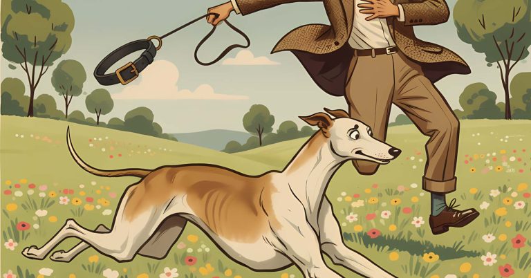 greyhound escaping in a meadow